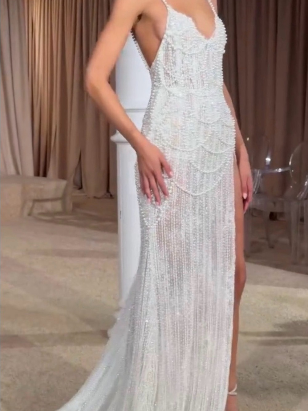 Beaded White High Leg Evening Gown